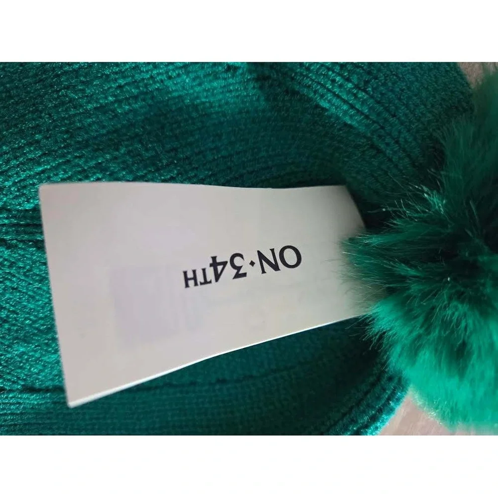 On 34th Green Ribbed Knit Faux Fur Pom Pom‎ Beanie Hat MO1542402 One Size NWT